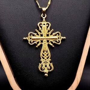 18k Gold Plated Necklace w/ Ornate Gold Cross Vtg Birthday Anniversary Gift